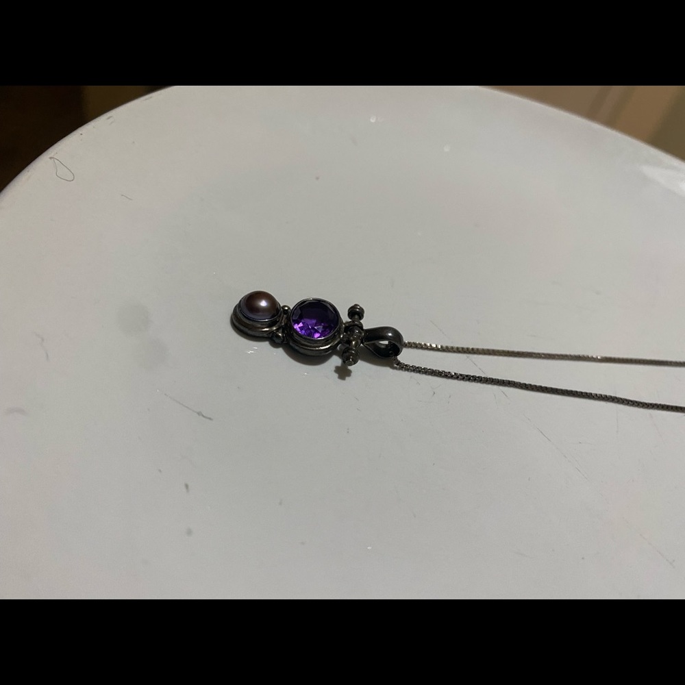 Vintage Ethnic Sterling Amethyst Pendant 925 Necklace With Pearl? - Picture 8 of 9